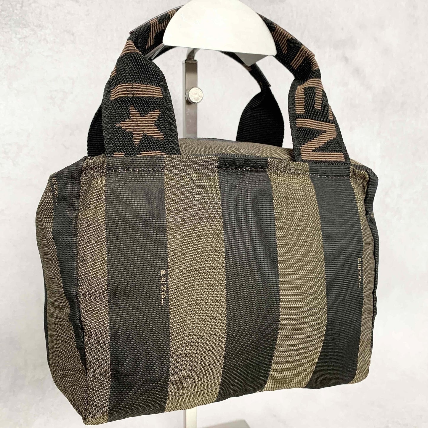 FENDI Pecan Handbag Tote Pouch Purse Logo Canvas Leather Brown Black Auth Used