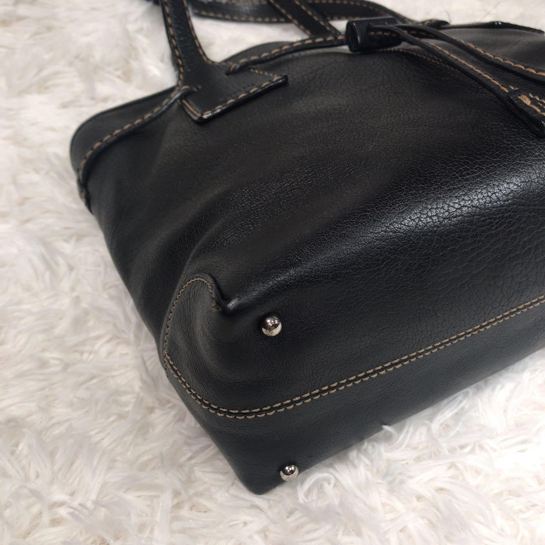 TOD'S Tote Bag Purse Stitching Handbag Shoulder Black Leather Women's Authentic