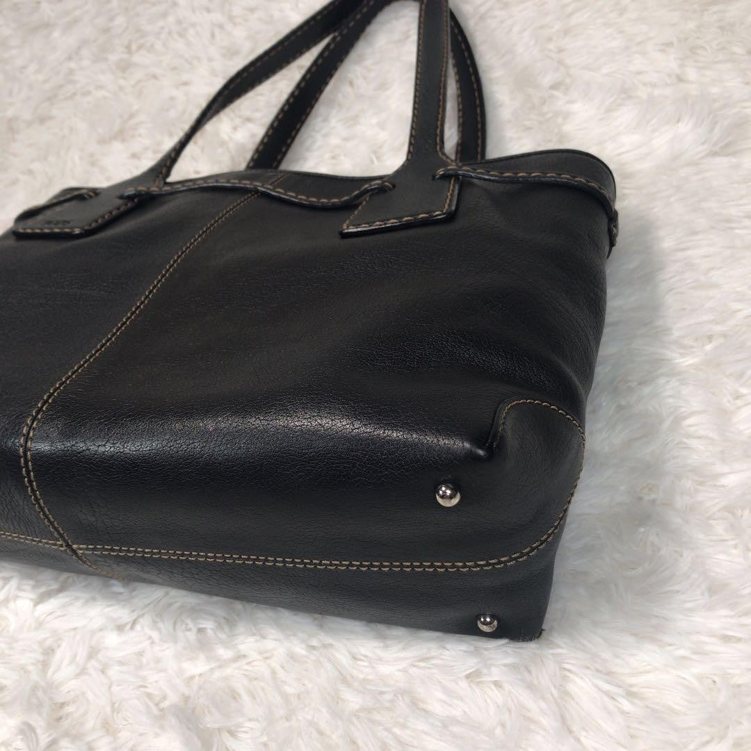 TOD'S Tote Bag Purse Stitching Handbag Shoulder Black Leather Women's Authentic
