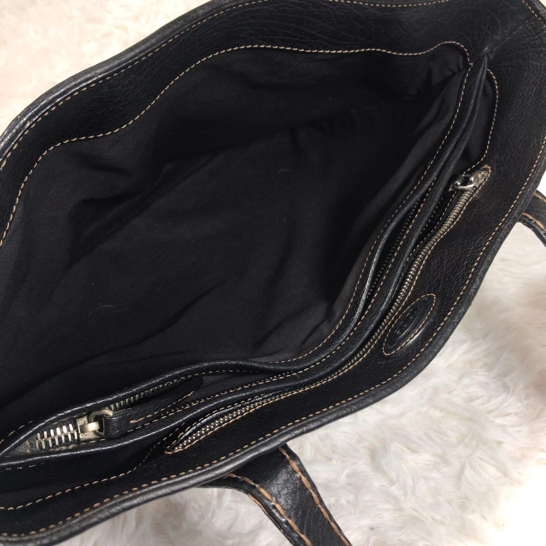 TOD'S Tote Bag Purse Stitching Handbag Shoulder Black Leather Women's Authentic