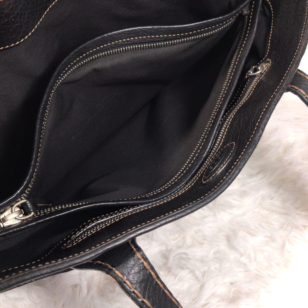 TOD'S Tote Bag Purse Stitching Handbag Shoulder Black Leather Women's Authentic