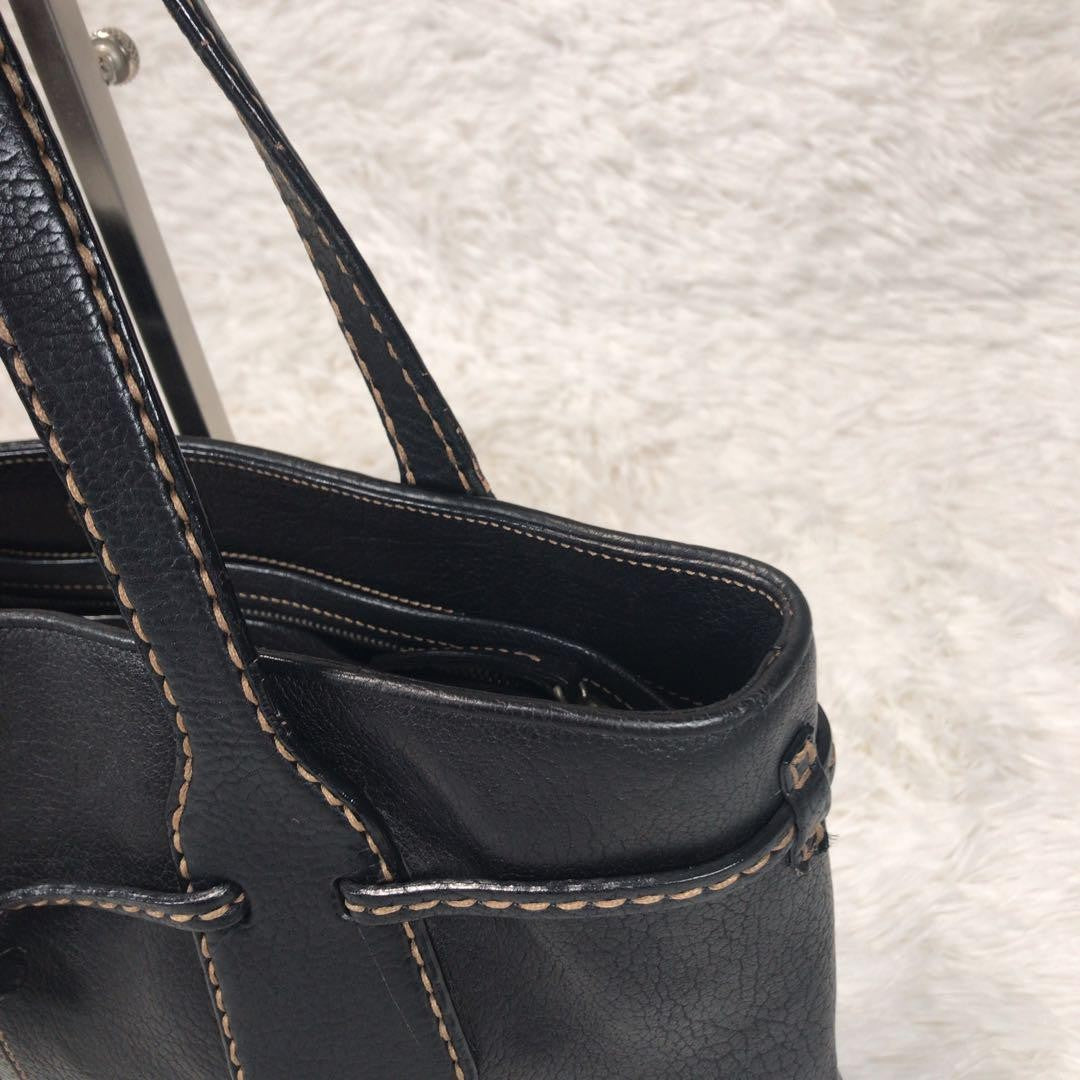 TOD'S Tote Bag Purse Stitching Handbag Shoulder Black Leather Women's Authentic