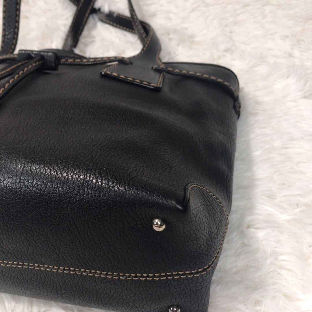 TOD'S Tote Bag Purse Stitching Handbag Shoulder Black Leather Women's Authentic