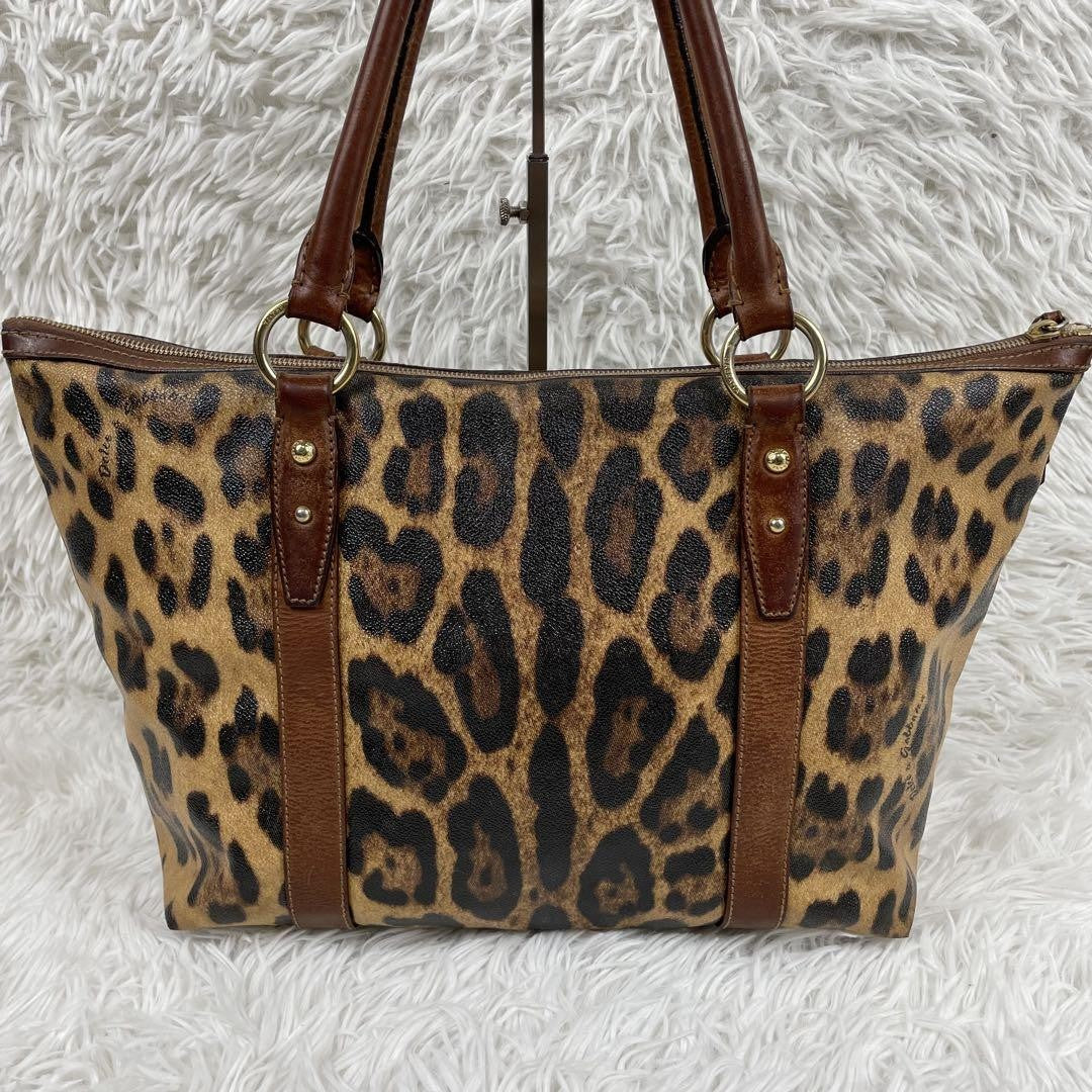 Dolce & Gabbana Hand Bag Tote Purse Leopard PVC Leather Brown Authentic