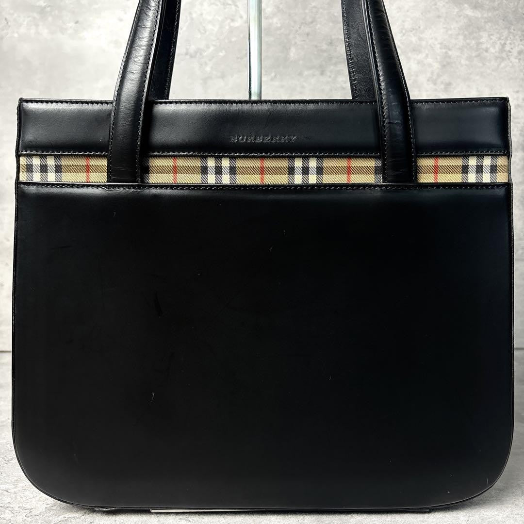 BURBERRY Hand Bag Tote Purse Nova Check Leather Black Authentic