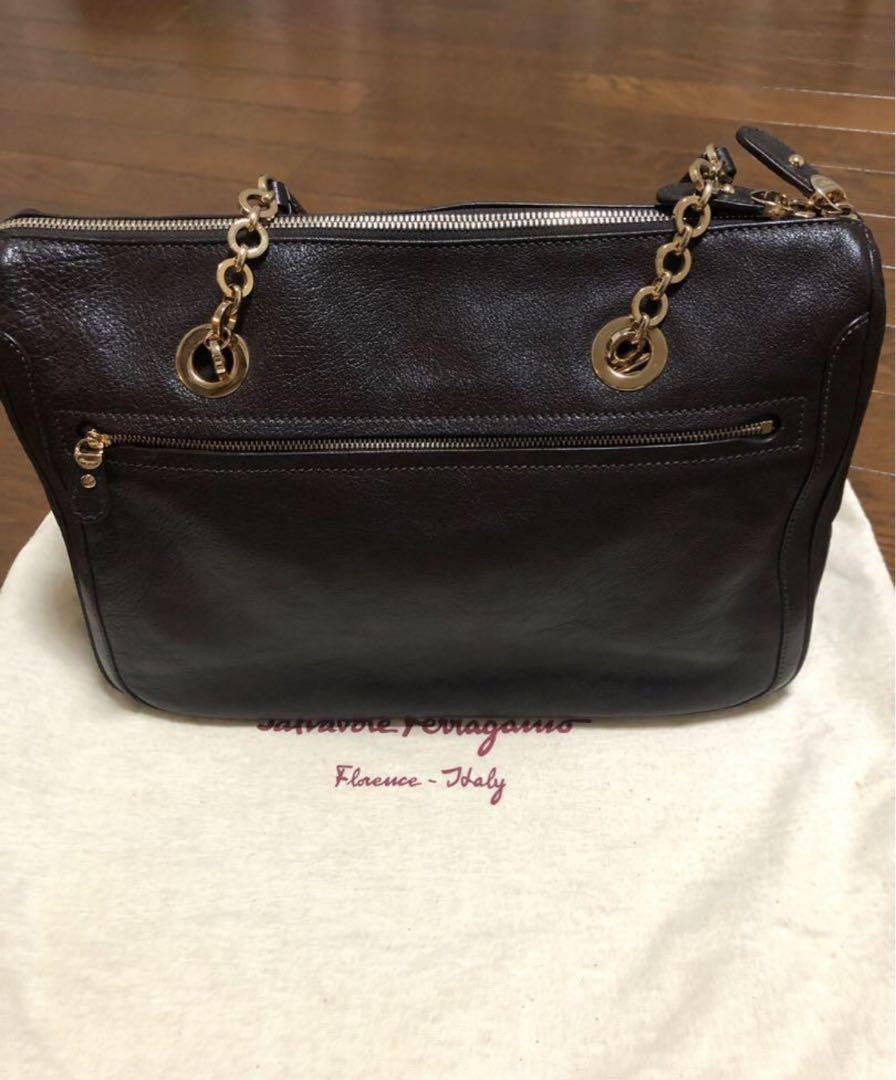 Salvatore Ferragamo Hand Bag Tote Purse Gancini Leather Black Authentic