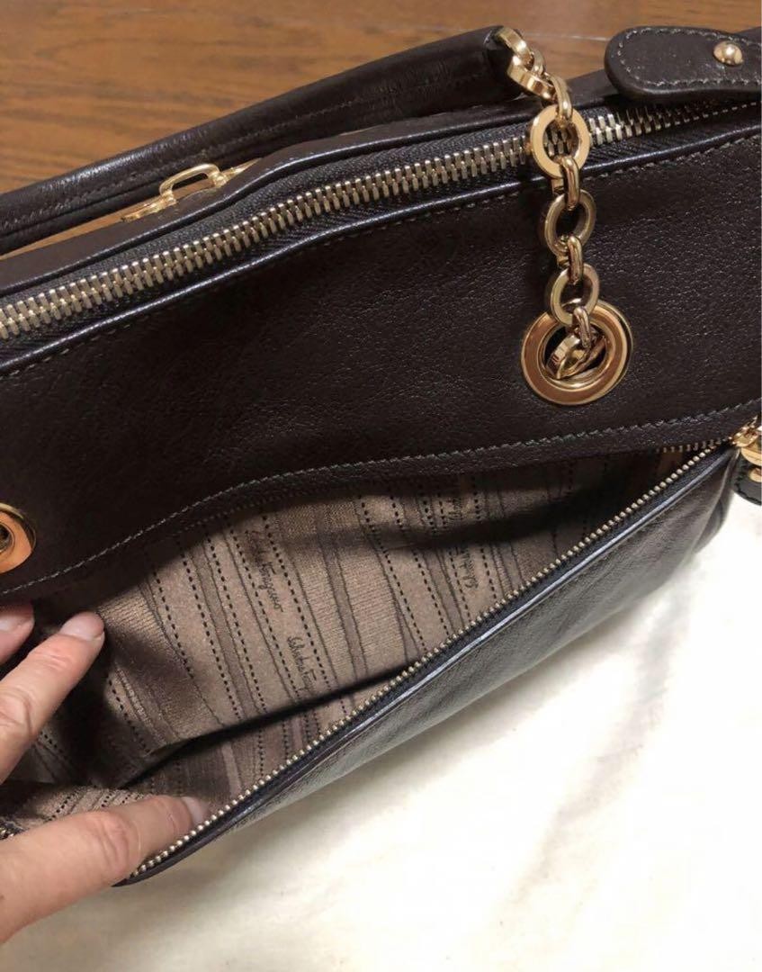 Salvatore Ferragamo Hand Bag Tote Purse Gancini Leather Black Authentic