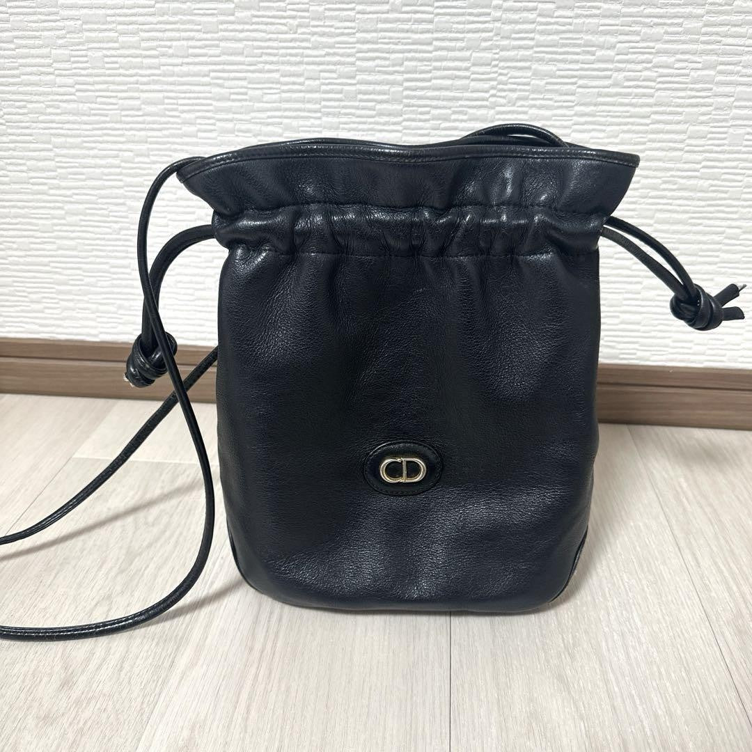Christian Dior Shoulder Bag Purse CD Leather Black Authentic