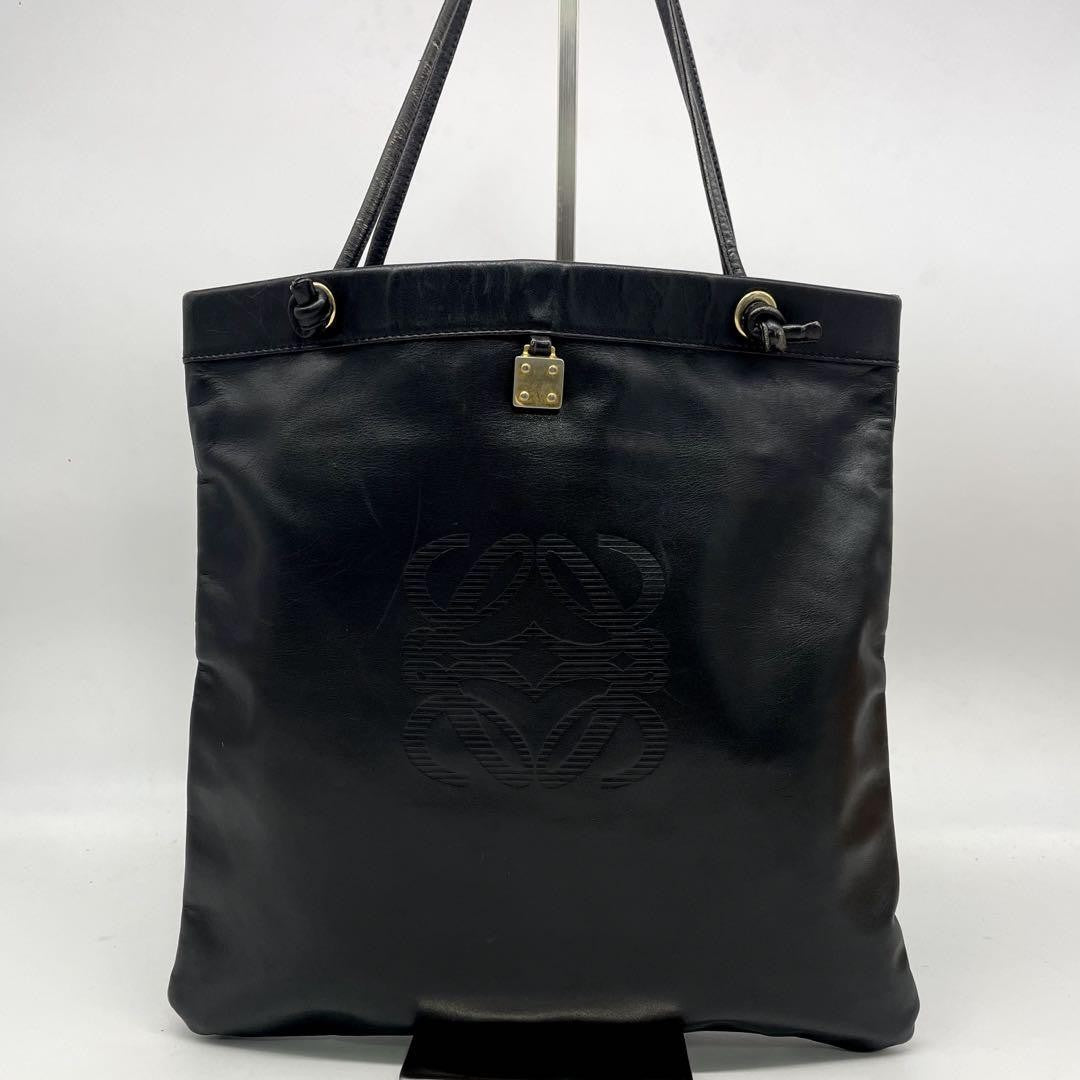 LOEWE Hand Bag Tote Purse Anagram Leather Black Authentic