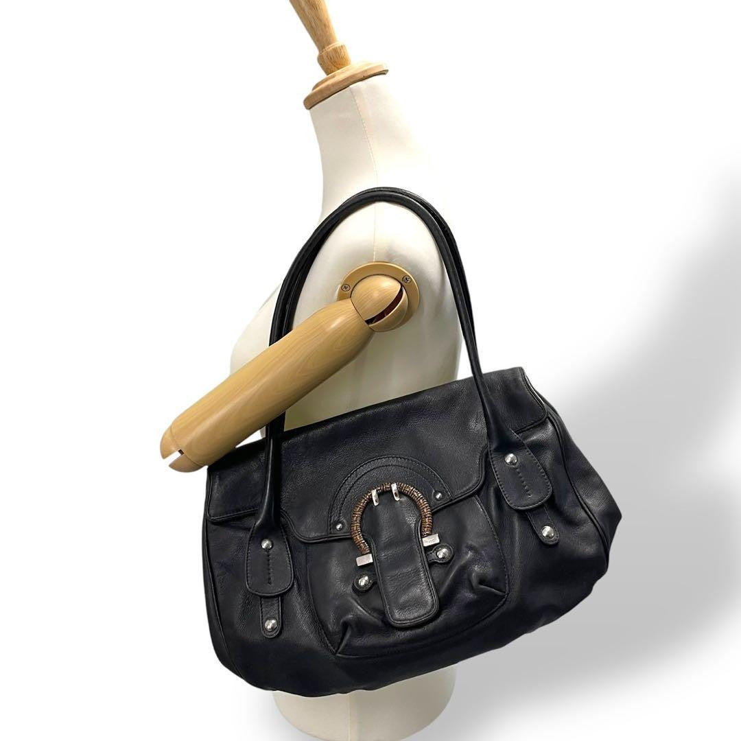Salvatore Ferragamo Hand Bag Tote Purse Gancini Leather Black Authentic