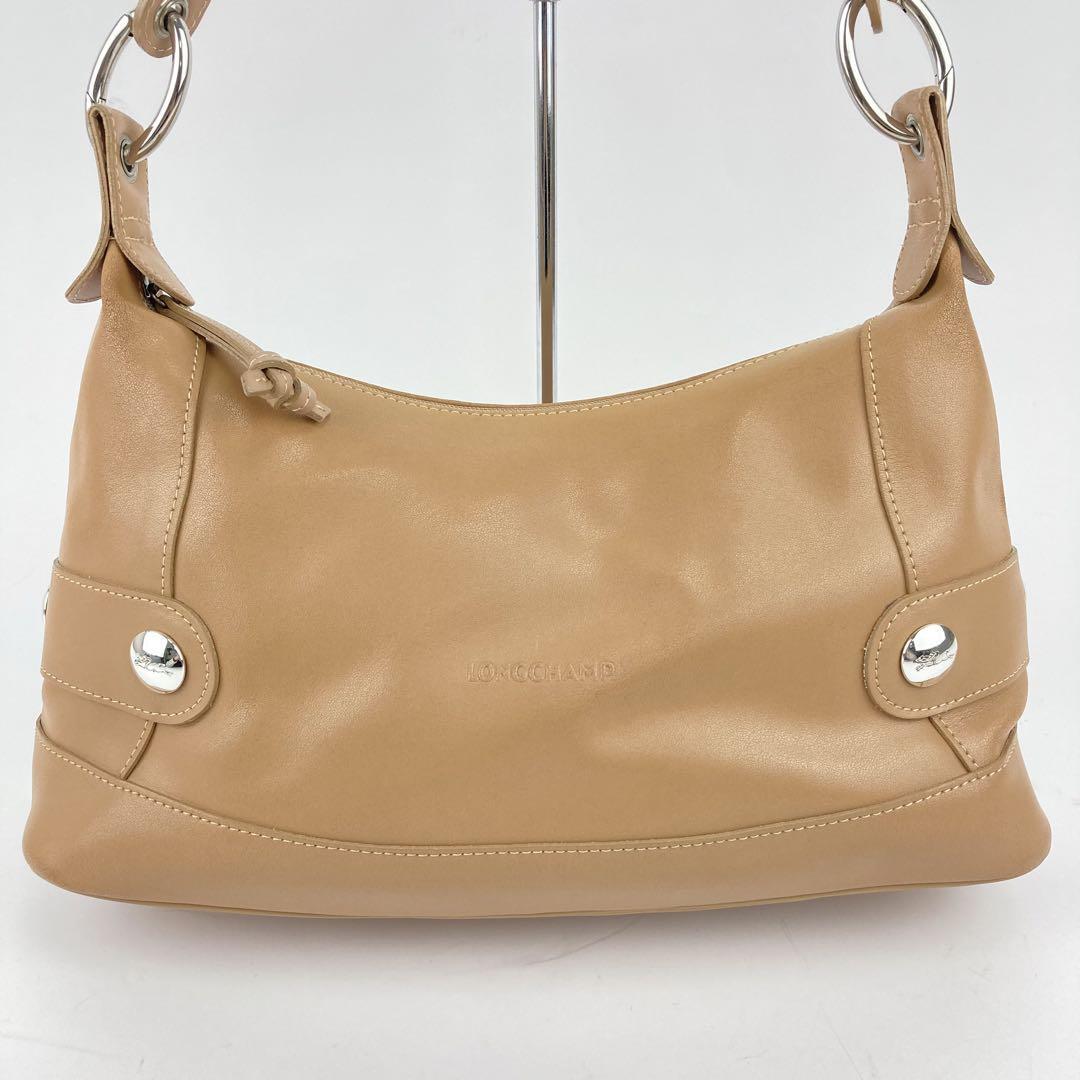 Longchamp Shoulder Bag Purse Leather Beige Authentic