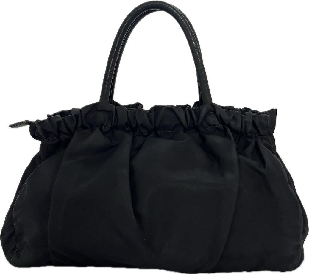 PRADA Hand Bag Tote Purse Logo Nylon Leather Black Authentic