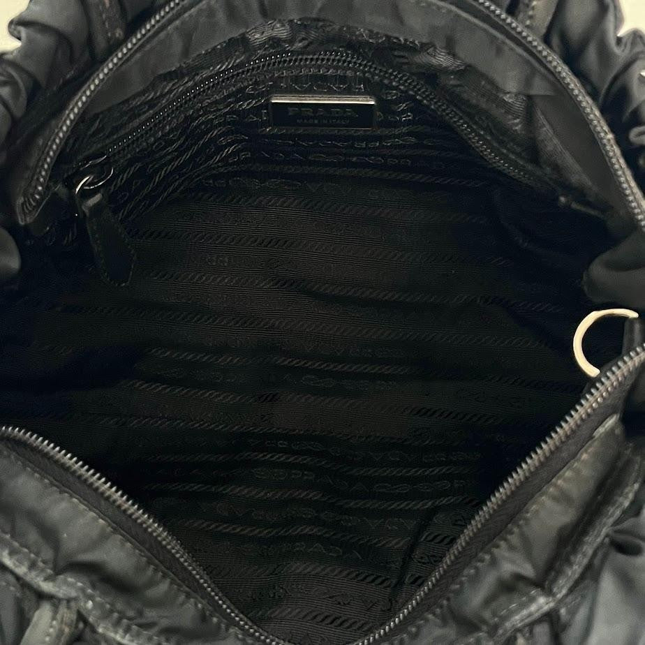PRADA Hand Bag Tote Purse Logo Nylon Leather Black Authentic