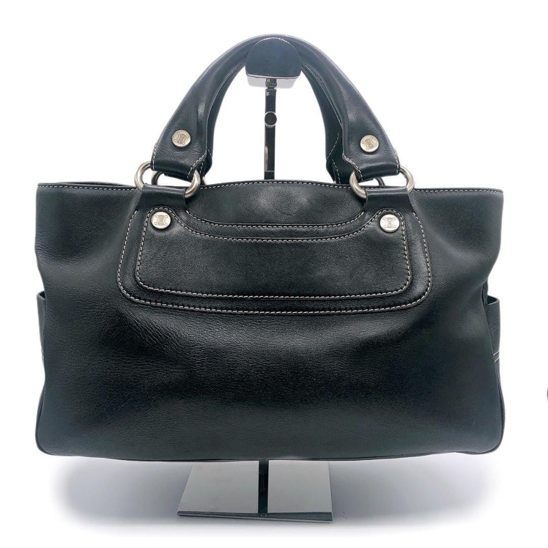 CELINE Hand Bag Tote Purse Leather Black Authentic