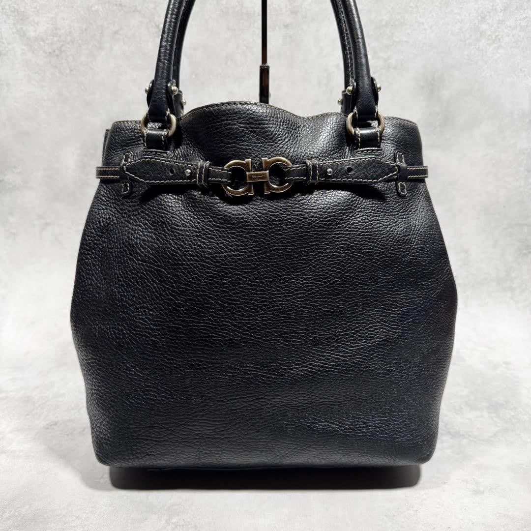 Salvatore Ferragamo Hand Bag Tote Purse Gancini Leather Black Authentic