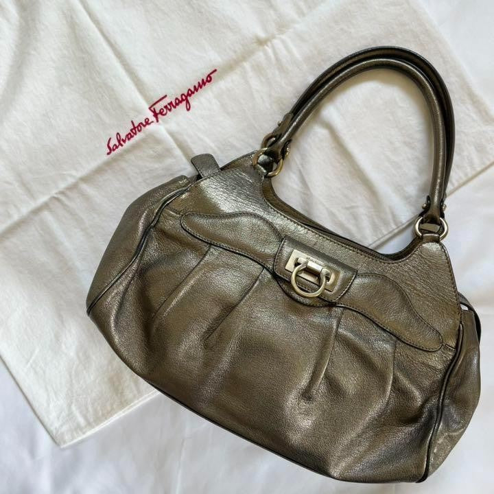 Salvatore Ferragamo Hand Bag Tote Purse Gancini Leather Champagne Gold Authentic