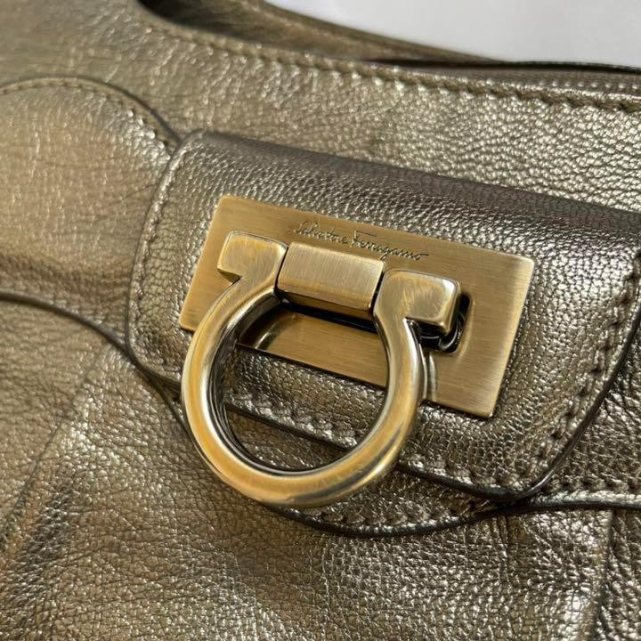 Salvatore Ferragamo Hand Bag Tote Purse Gancini Leather Champagne Gold Authentic