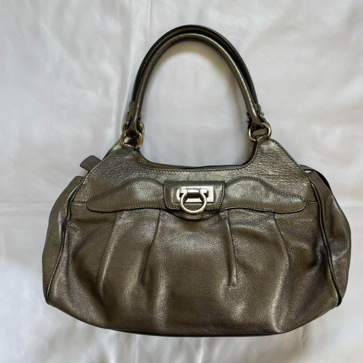 Salvatore Ferragamo Hand Bag Tote Purse Gancini Leather Champagne Gold Authentic