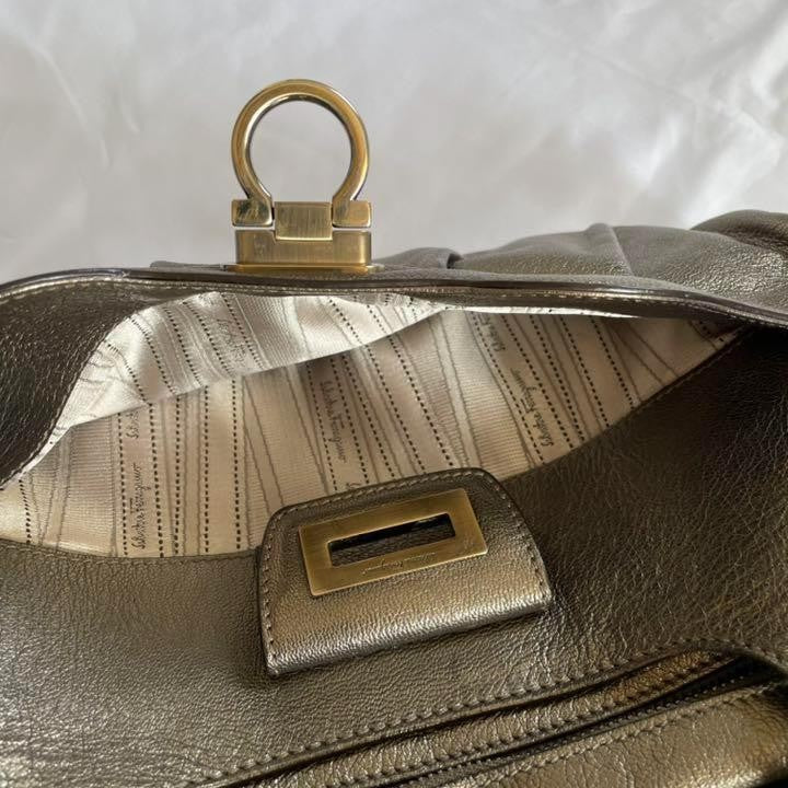 Salvatore Ferragamo Hand Bag Tote Purse Gancini Leather Champagne Gold Authentic