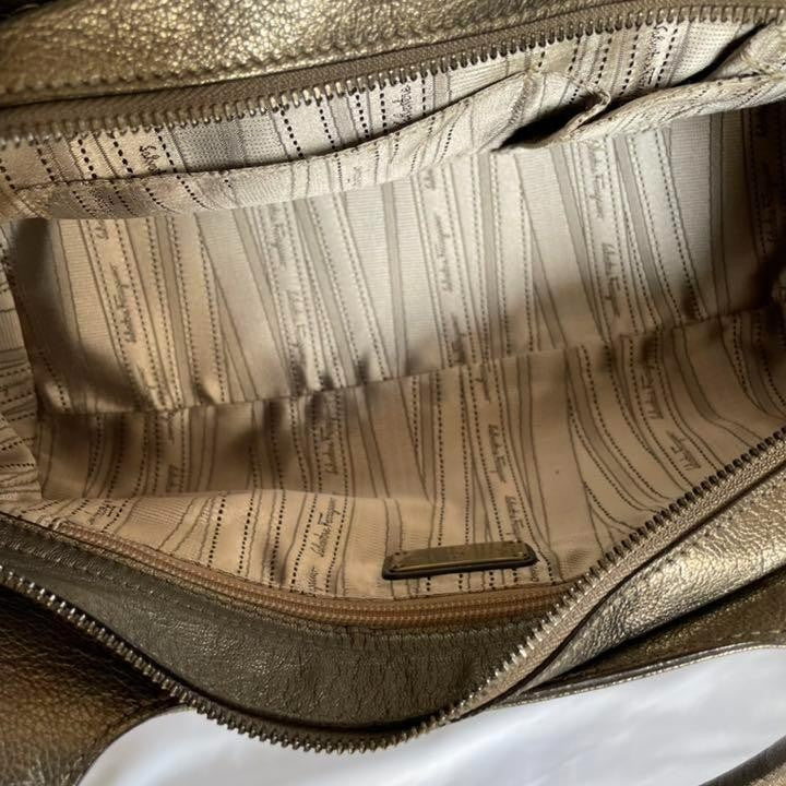 Salvatore Ferragamo Hand Bag Tote Purse Gancini Leather Champagne Gold Authentic