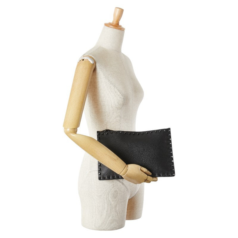 Valentino Clutch Bag Second Bag Rockstuds Leather Black Authentic