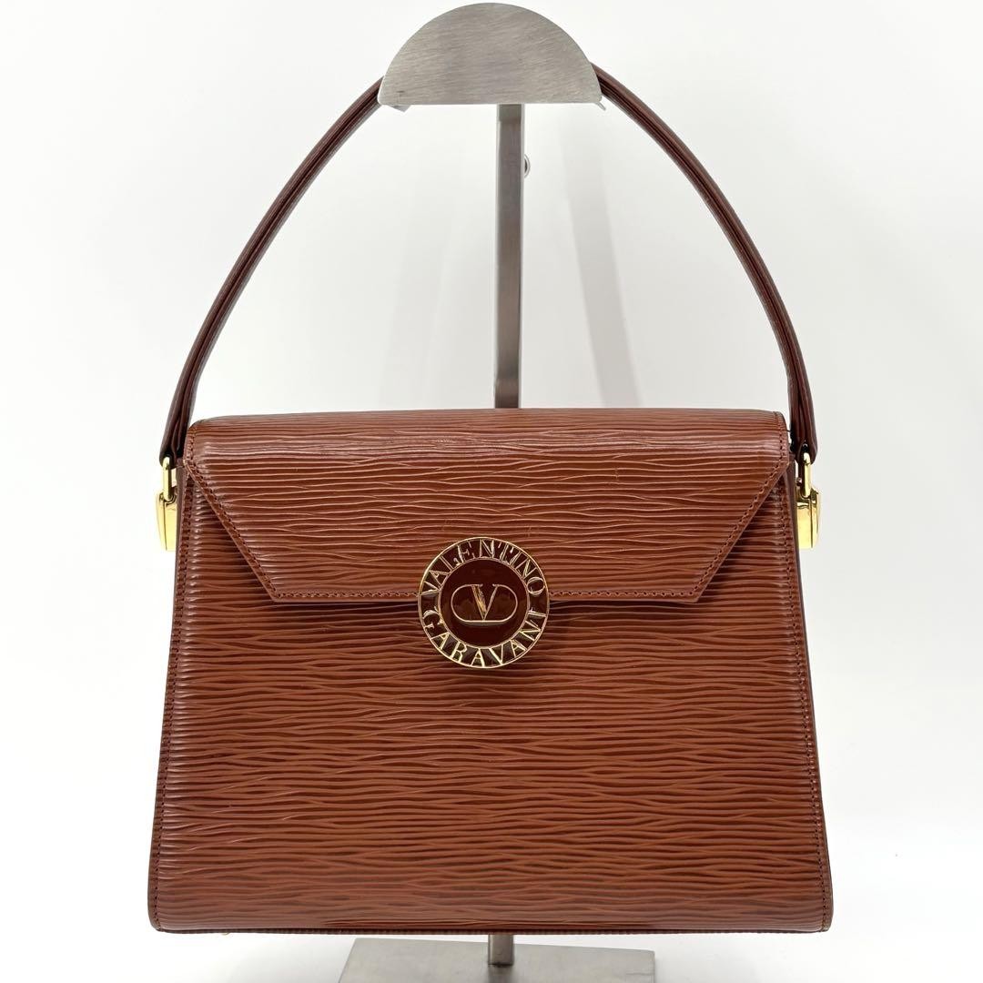 Valentino Garavani Hand Bag Tote Purse Logo Leather Brown Authentic