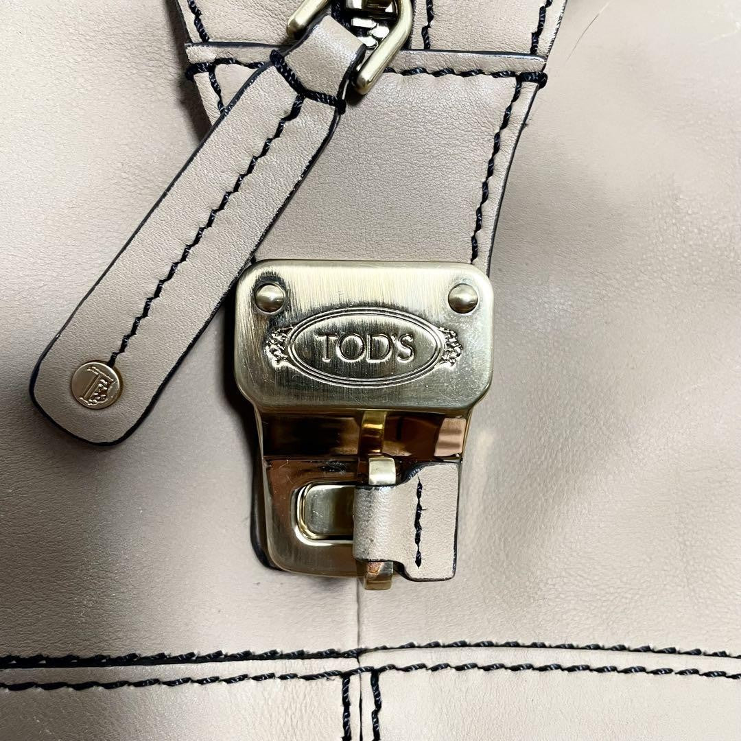 TOD'S Hand Shoulder Bag Tote Purse 2way D-Styling Leather Beige Authentic