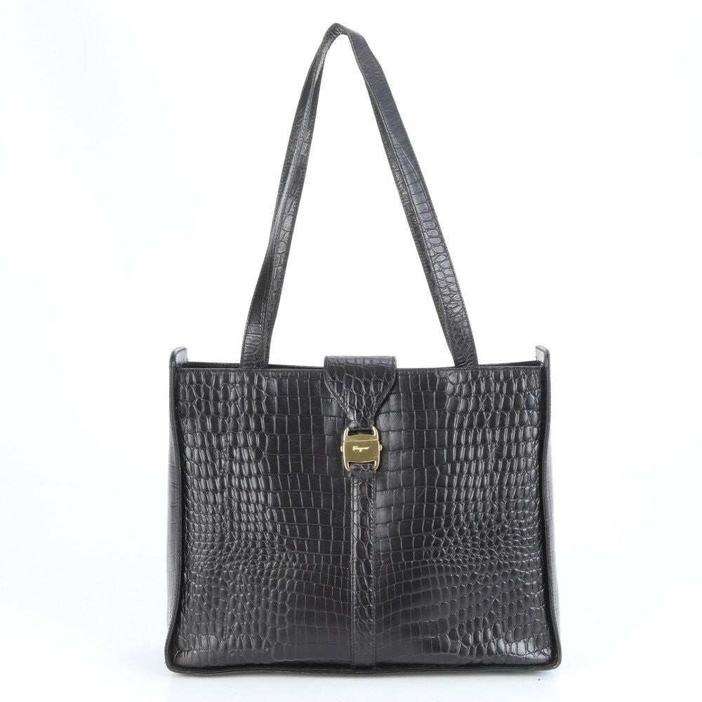 Salvatore Ferragamo Hand Bag Tote Purse Vara Leather Black Authentic
