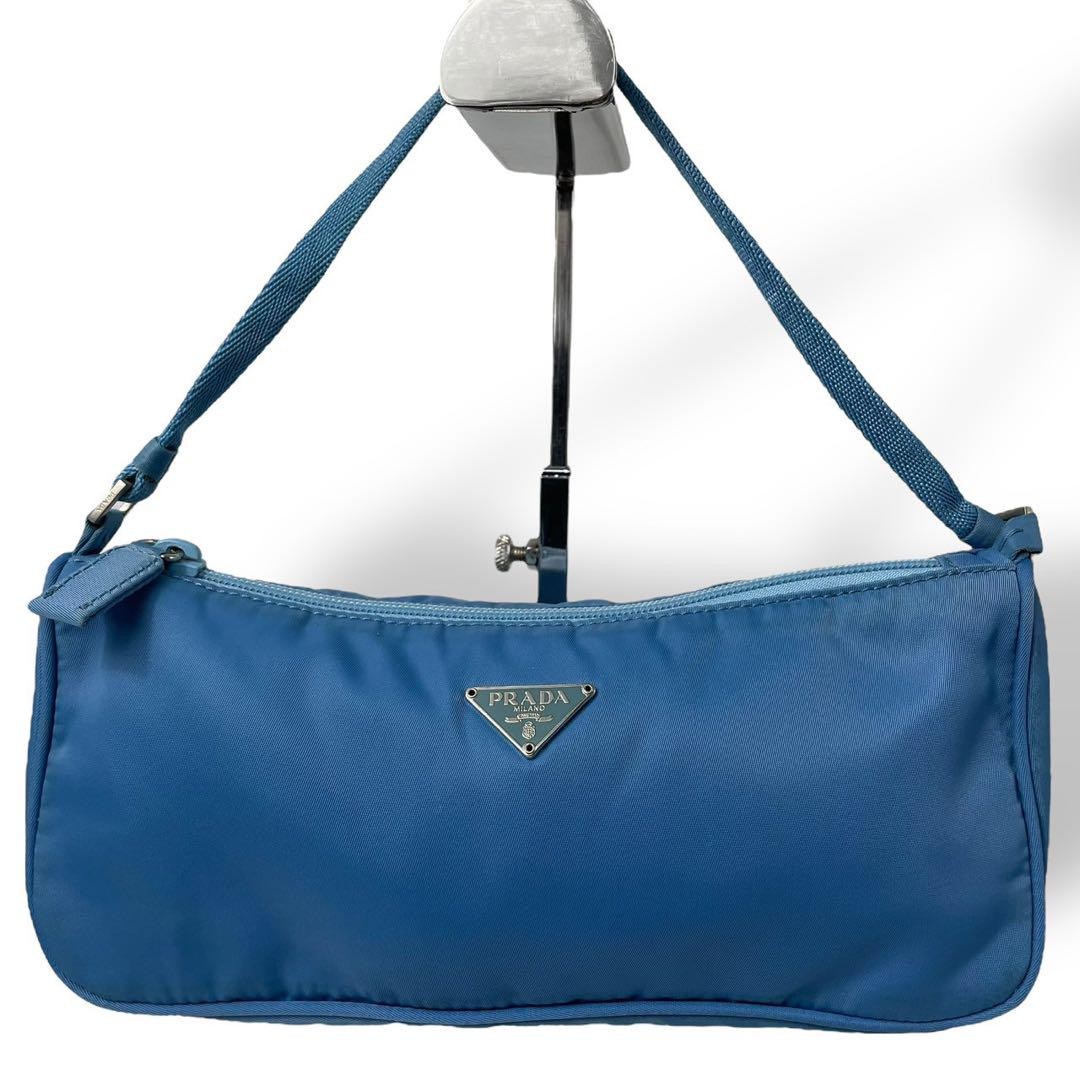 PRADA Accessory Pouch Hand Bag Tote Purse Logo Nylon Blue Authentic