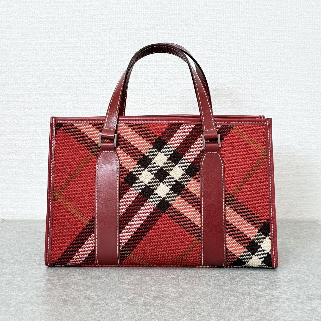 BURBERRY BLUE LABEL Hand Bag Tote Purse Nova Check Canvas Leather Red Authentic