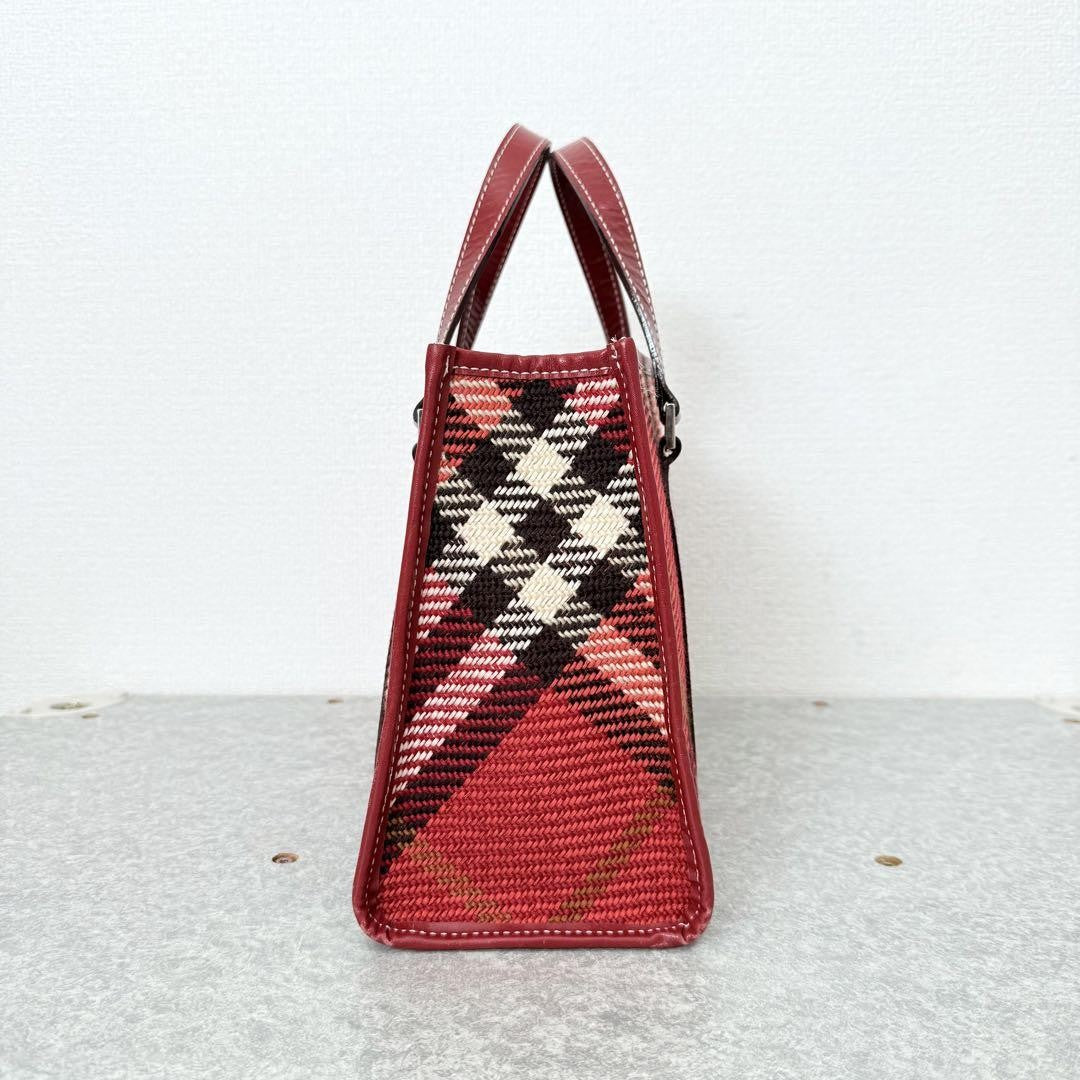 BURBERRY BLUE LABEL Hand Bag Tote Purse Nova Check Canvas Leather Red Authentic