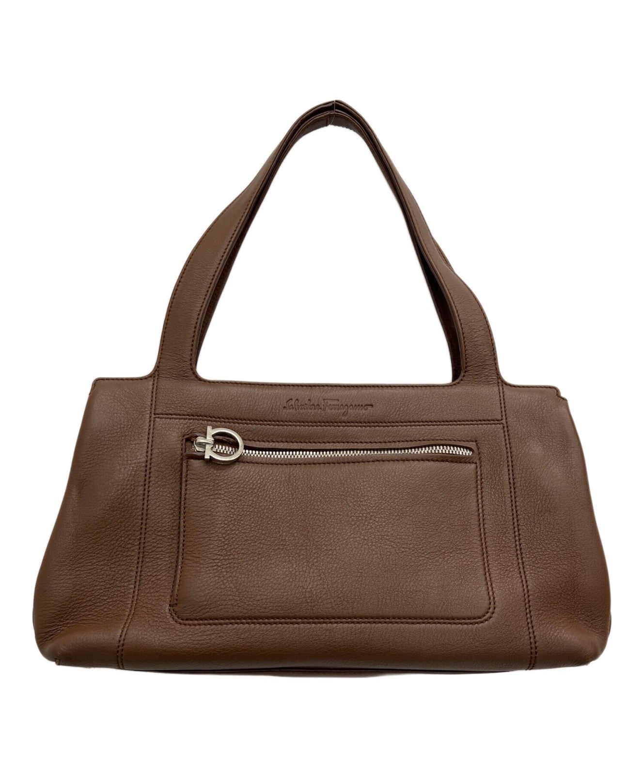 Salvatore Ferragamo Hand Bag Tote Purse Gancini Leather Brown Authentic