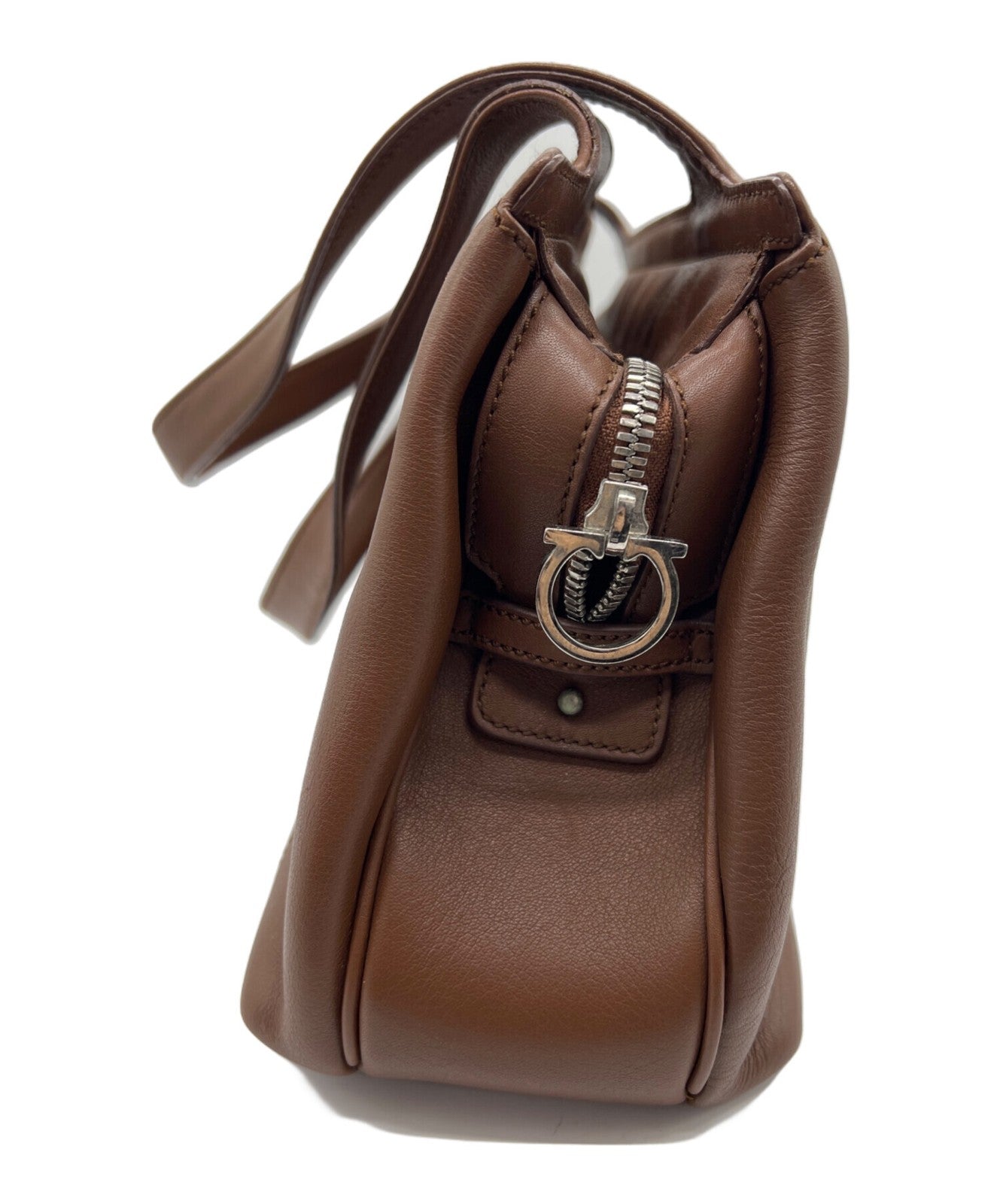 Salvatore Ferragamo Hand Bag Tote Purse Gancini Leather Brown Authentic