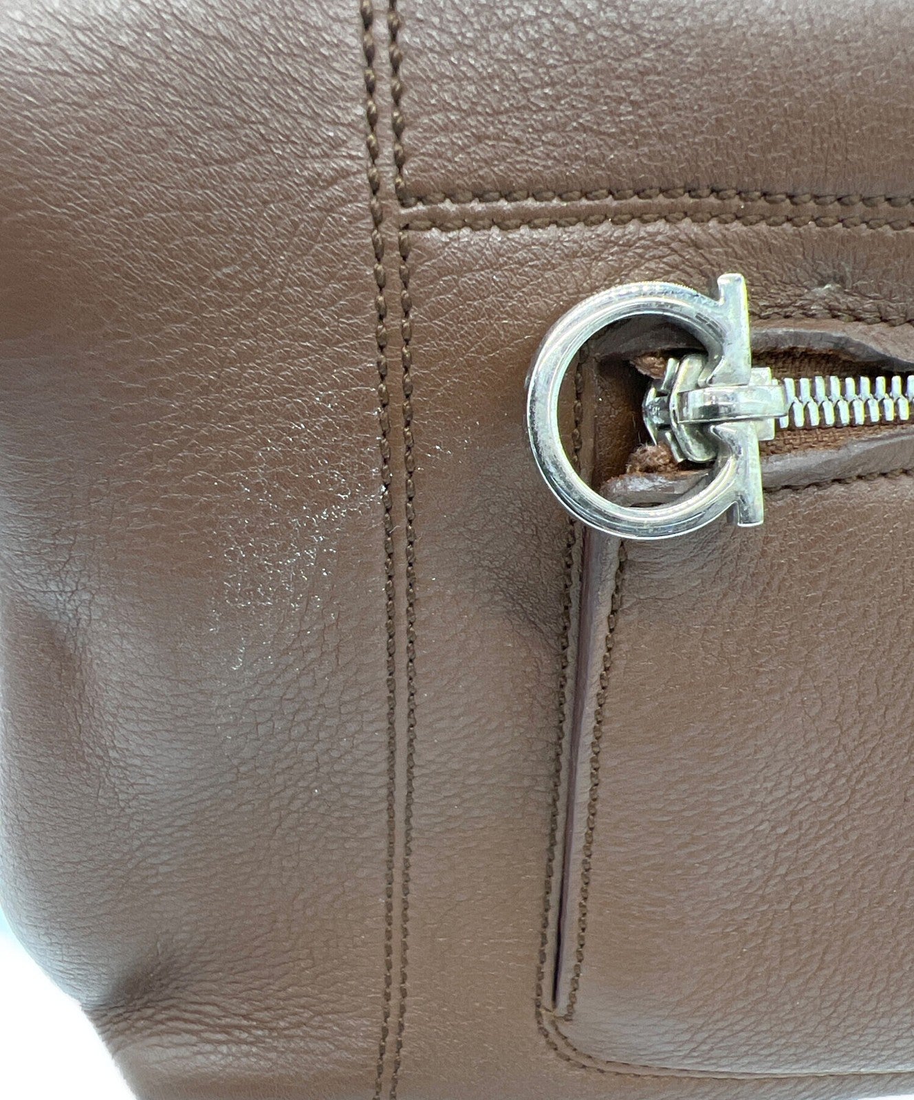 Salvatore Ferragamo Hand Bag Tote Purse Gancini Leather Brown Authentic