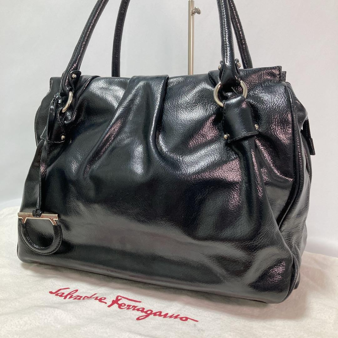 Salvatore Ferragamo Hand Bag Tote Purse Gancini Patent Leather Black Authentic
