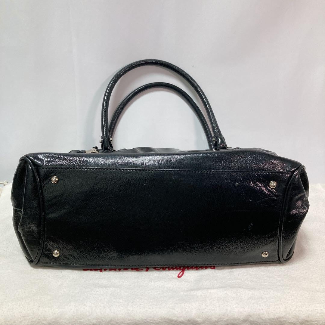 Salvatore Ferragamo Hand Bag Tote Purse Gancini Patent Leather Black Authentic