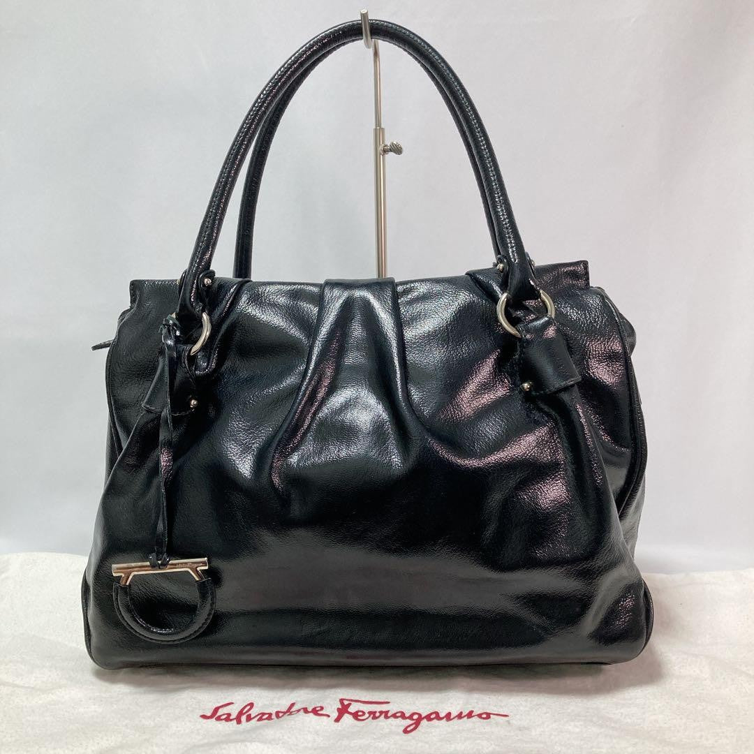 Salvatore Ferragamo Hand Bag Tote Purse Gancini Patent Leather Black Authentic