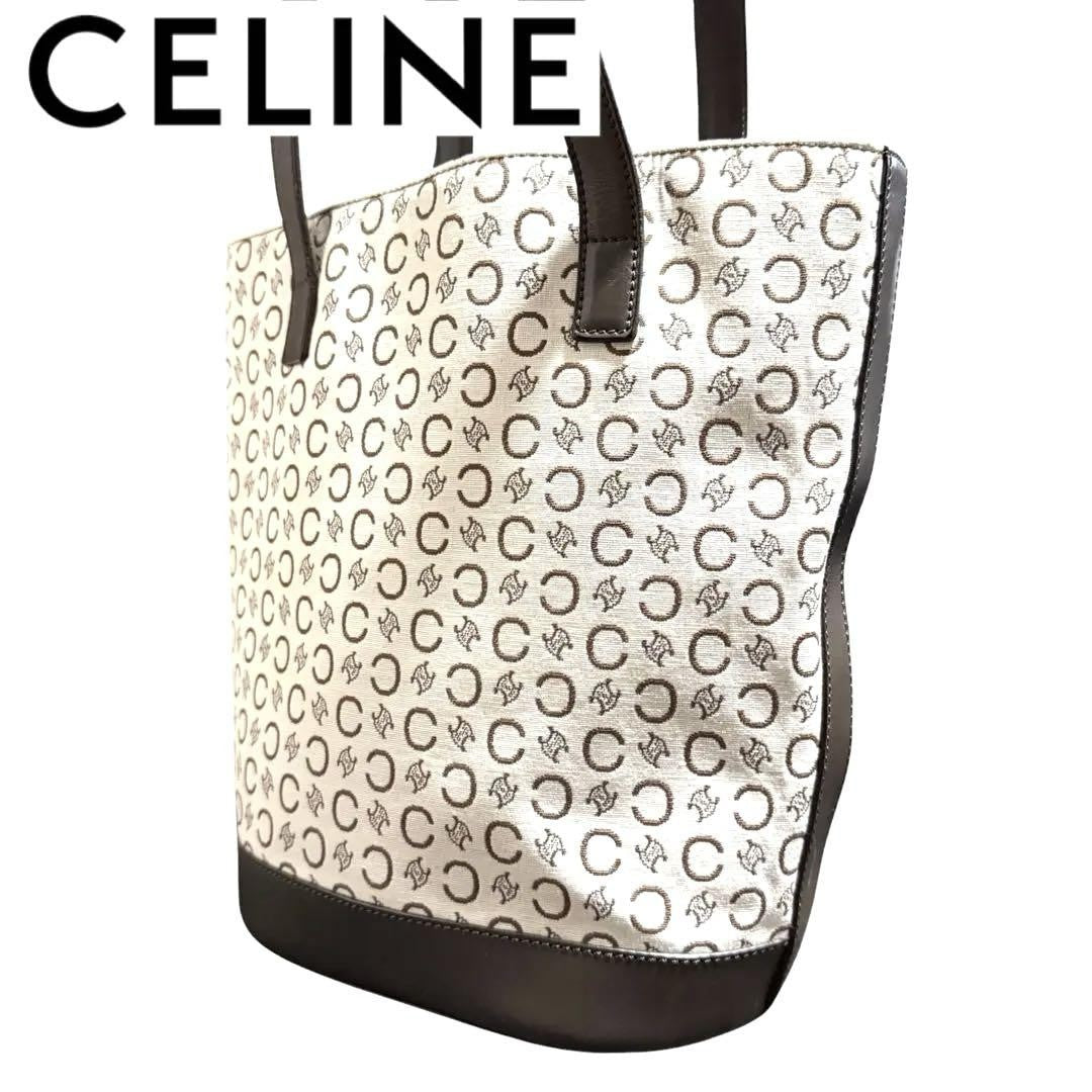 CELINE handbag Tote Purse C Blazon Canvas Leather Beige Dark Brown Used Women's