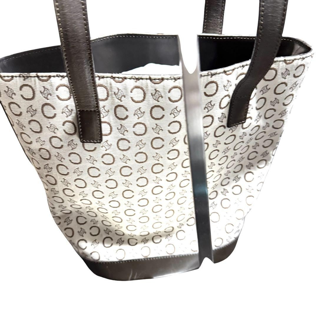 CELINE handbag Tote Purse C Blazon Canvas Leather Beige Dark Brown Used Women's