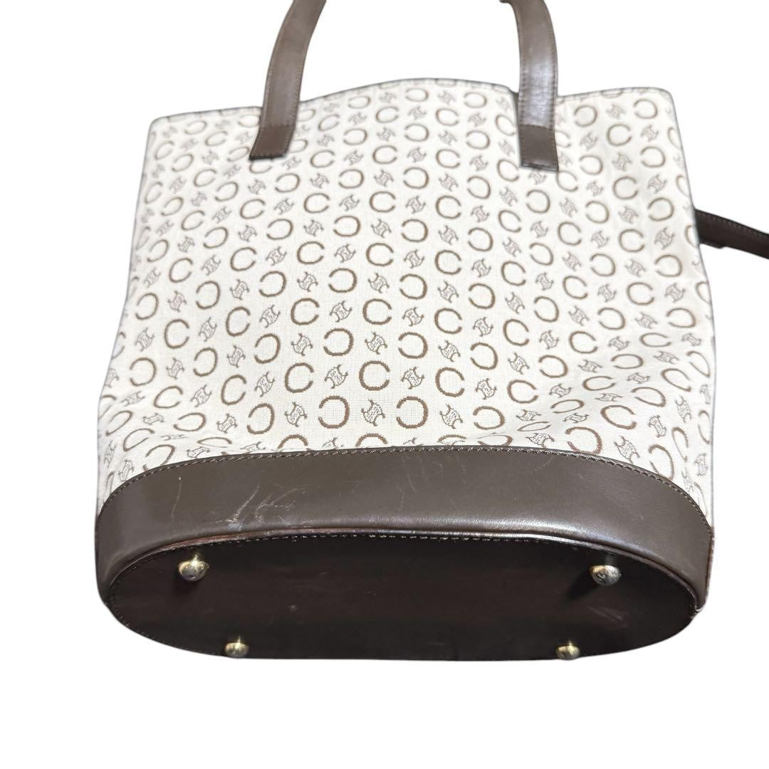 CELINE handbag Tote Purse C Blazon Canvas Leather Beige Dark Brown Used Women's