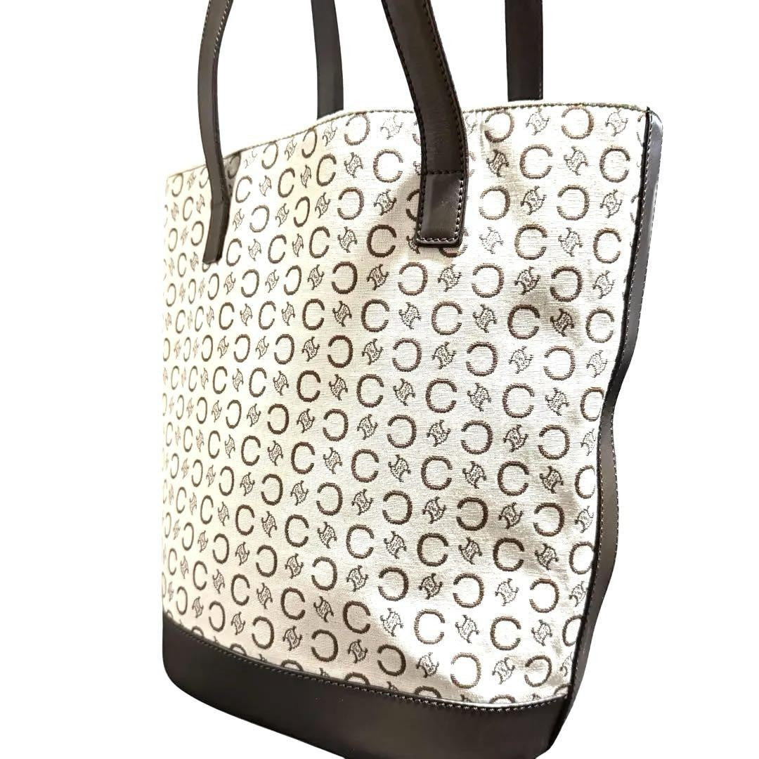 CELINE handbag Tote Purse C Blazon Canvas Leather Beige Dark Brown Used Women's