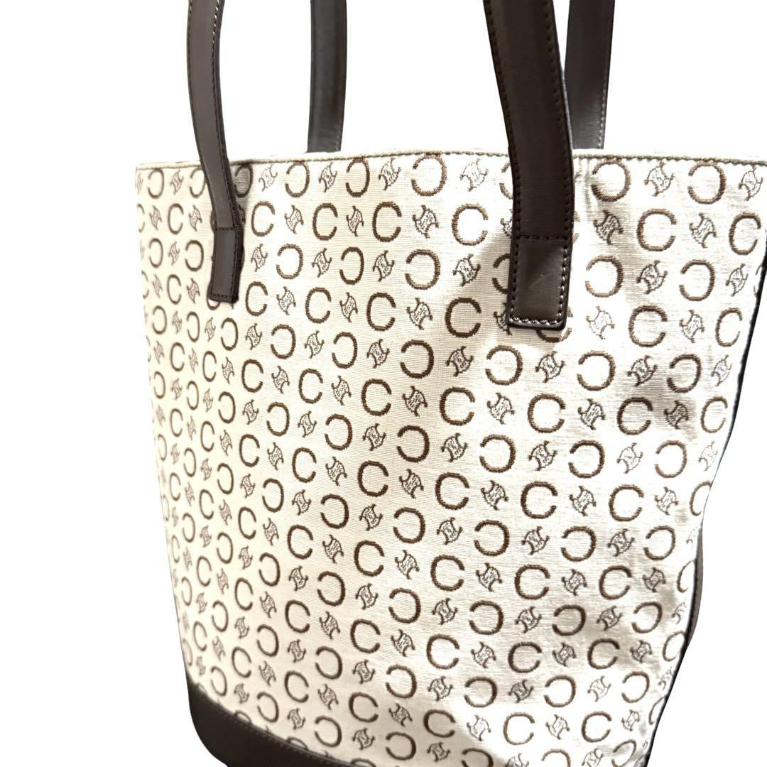 CELINE handbag Tote Purse C Blazon Canvas Leather Beige Dark Brown Used Women's