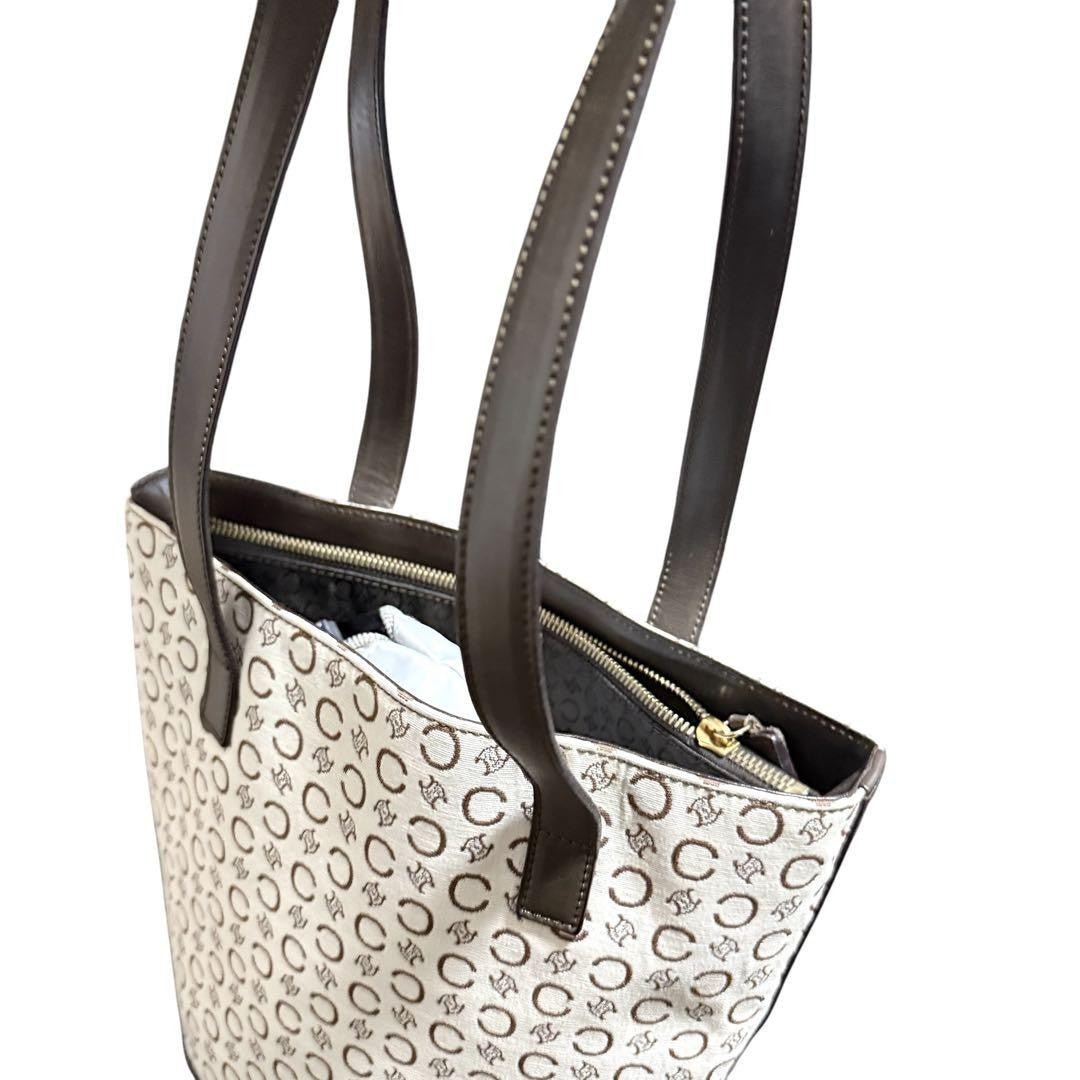 CELINE handbag Tote Purse C Blazon Canvas Leather Beige Dark Brown Used Women's
