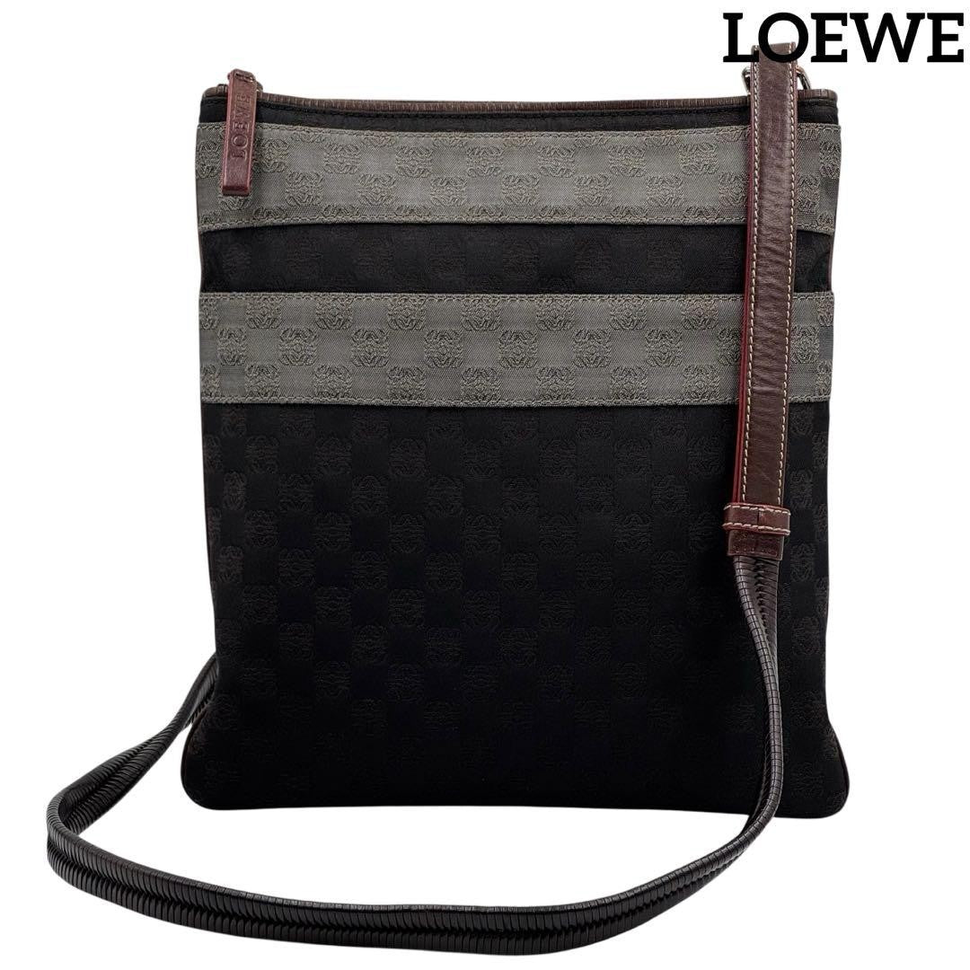 LOEWE Shoulder Bag Purse Anagram Canvas Leather Black Gray Brown Authentic