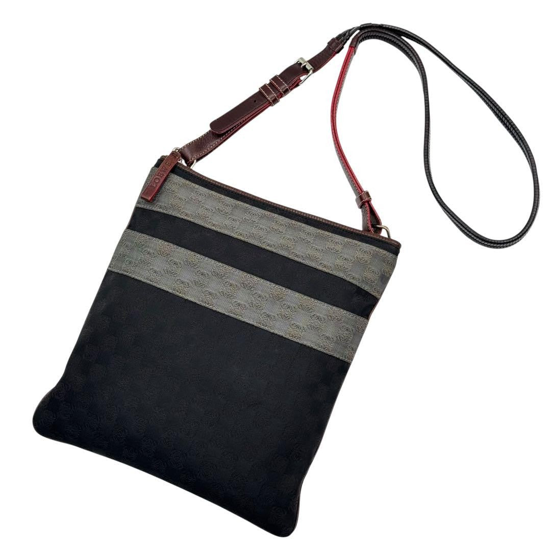 LOEWE Shoulder Bag Purse Anagram Canvas Leather Black Gray Brown Authentic