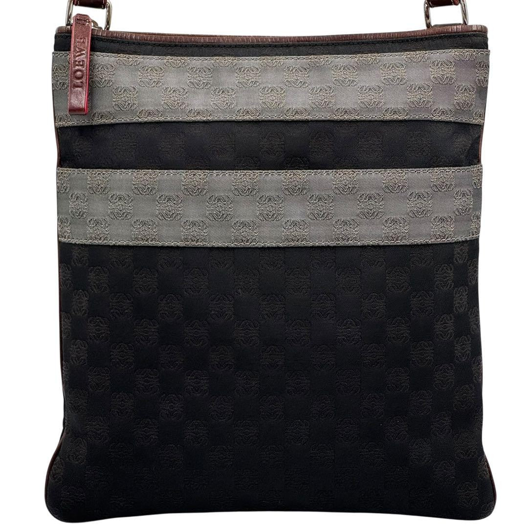 LOEWE Shoulder Bag Purse Anagram Canvas Leather Black Gray Brown Authentic