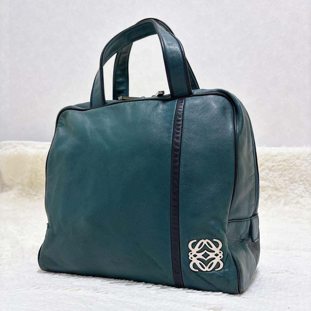 LOEWE Hand Bag Tote Purse Anagram Leather Green Authentic