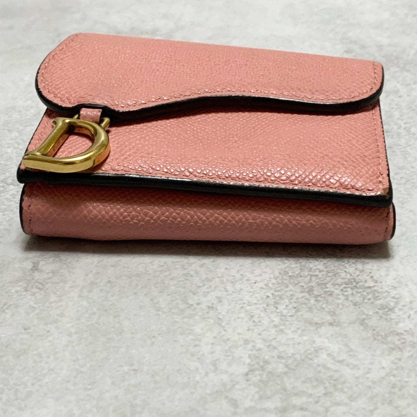 Christian Dior Wallet Saddle Charm Tri-fold Compact Purse Leather Pink Gold Auth