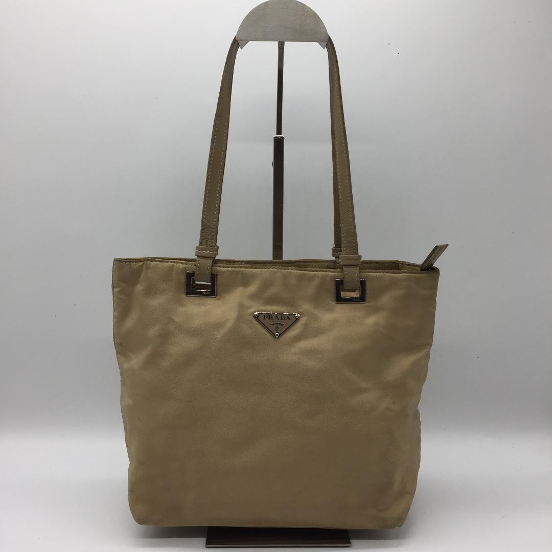 PRADA Hand Bag Tote Purse Logo Nylon Beige Khaki Authentic