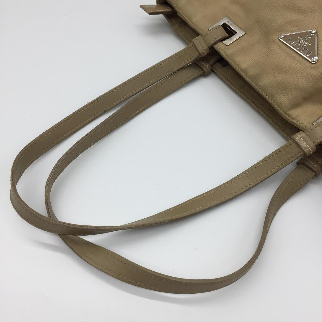 PRADA Hand Bag Tote Purse Logo Nylon Beige Khaki Authentic